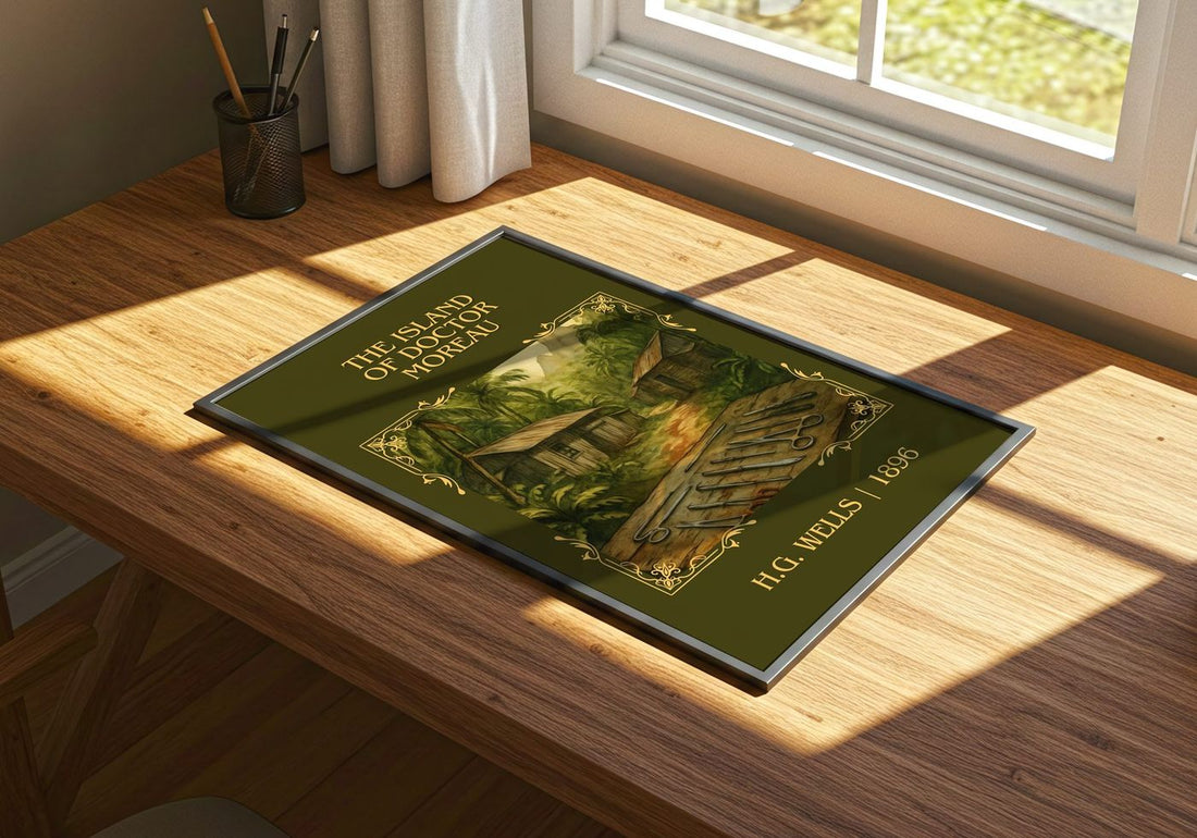 The Island Of Doctor Moreau Classic Book Art Print by H.G. Wells – print on a sunlit desk