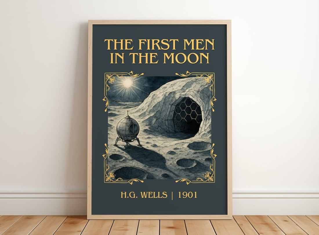 The First Men In The Moon Classic Book Art Print by H.G. Wells – framed print leaning on a wooden floor
