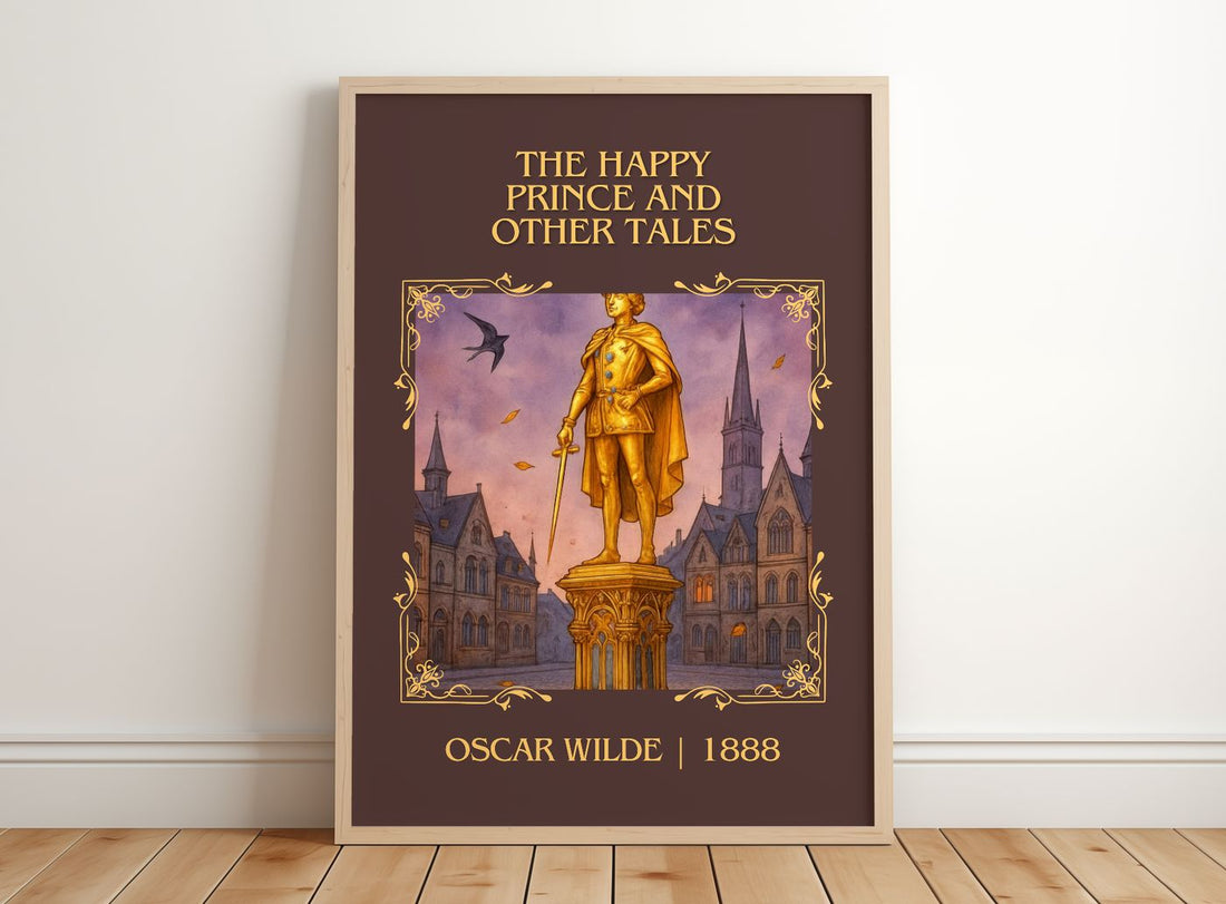 The Happy Prince And Other Tales Classic Book Art Print by Oscar Wilde – framed print leaning on a wooden floor