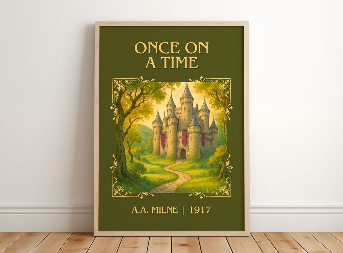 Once On A Time Classic Book Art Print by A.A. Milne – framed print leaning on a wooden floor
