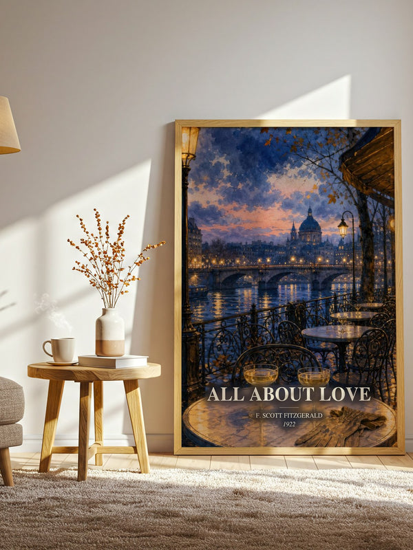 All About Love watercolour print in frame leaning in hallway – non fiction wall art