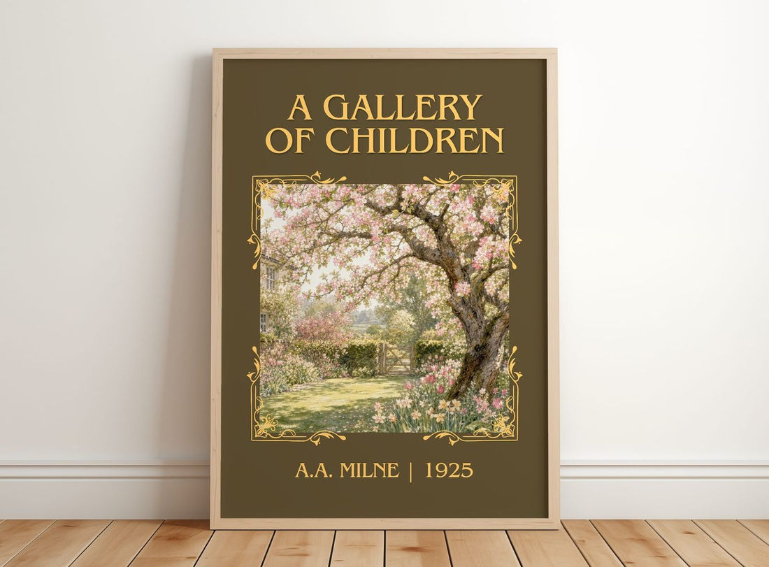A Gallery Of Children Classic Book Art Print by A.A. Milne – framed print leaning on a wooden floor