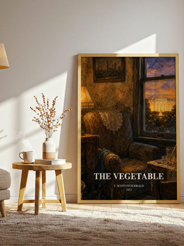 The Vegetable watercolour print in frame leaning in hallway – satire wall art