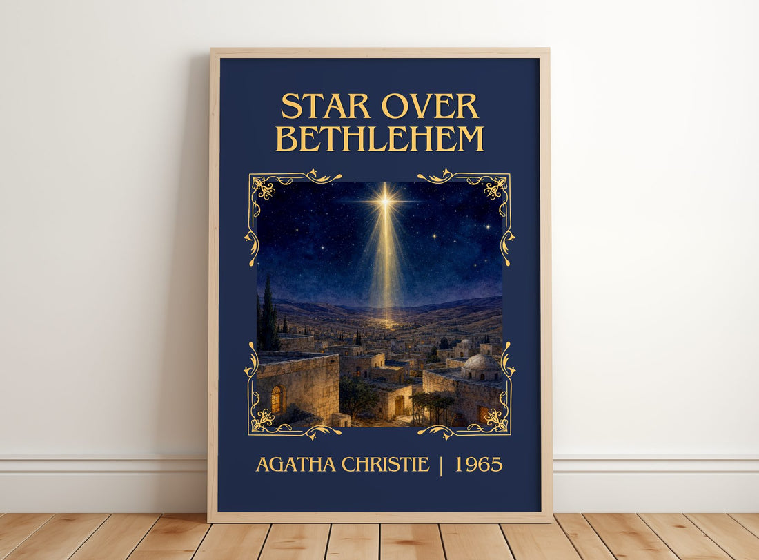 Star Over Bethlehem Classic Book Art Print by Agatha Christie – framed print leaning on a wooden floor