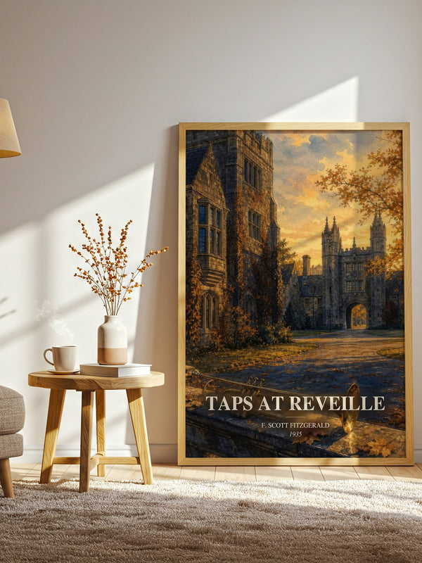 Taps At Reveille watercolour print in frame leaning in hallway – literary fiction wall art
