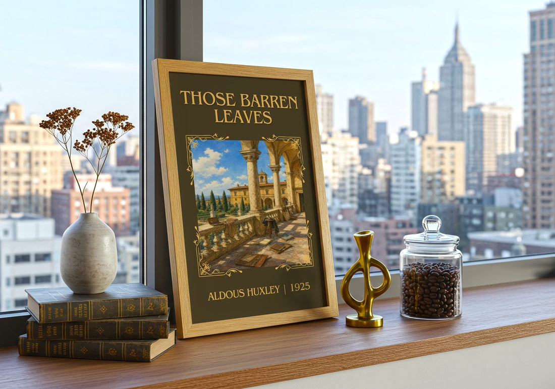 Those Barren Leaves Classic Book Art Print by Aldous Huxley – framed print on a city-view windowsill