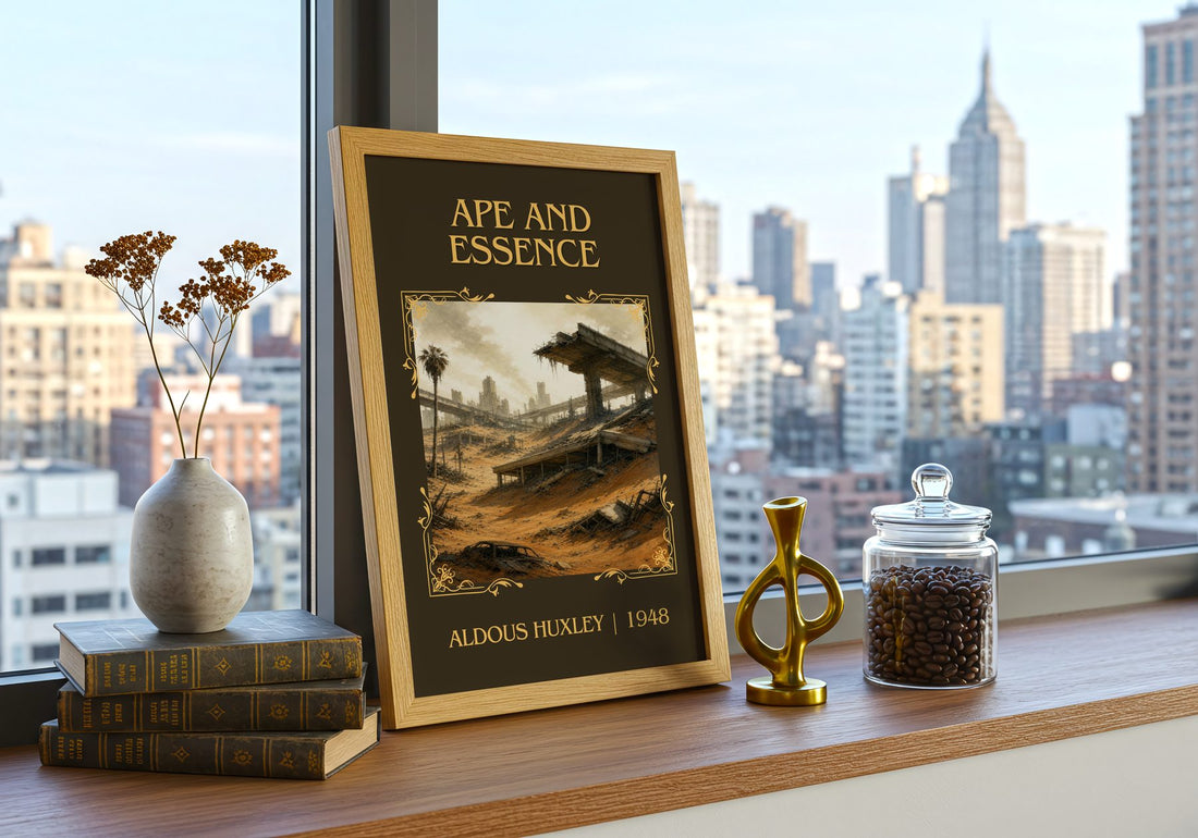 Ape And Essence Classic Book Art Print by Aldous Huxley – framed print on a city-view windowsill