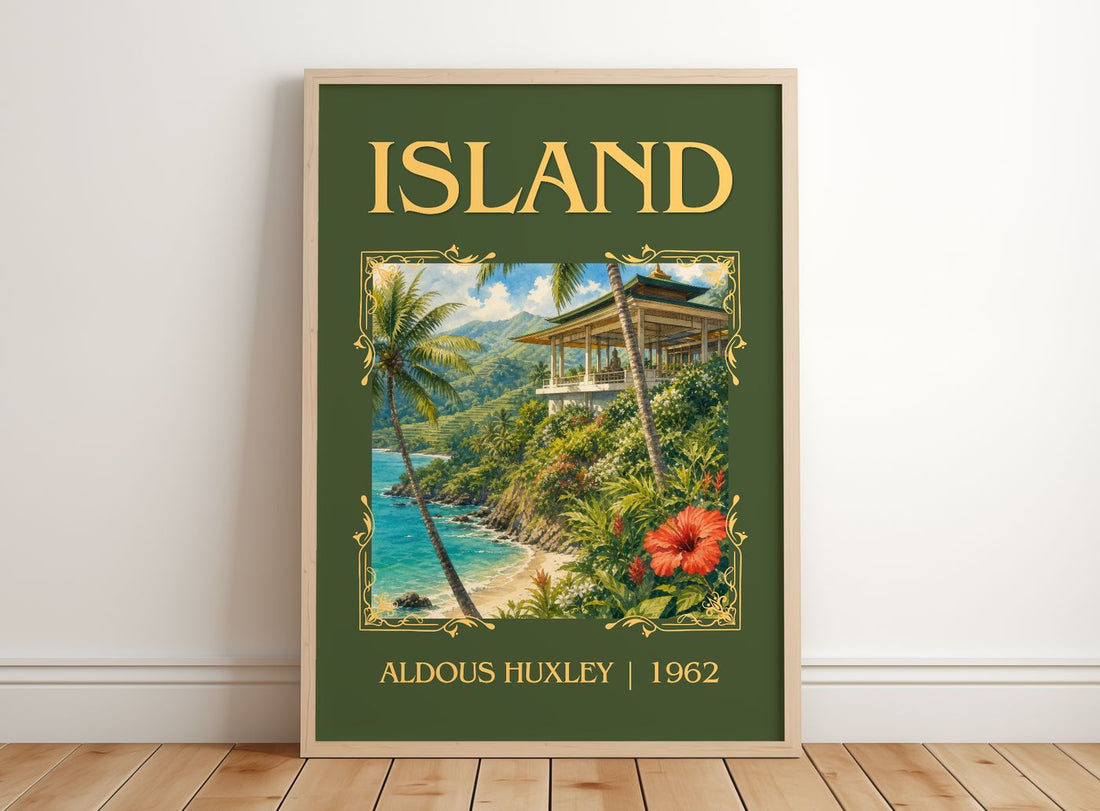 Island Classic Book Art Print by Aldous Huxley – framed print leaning on a wooden floor