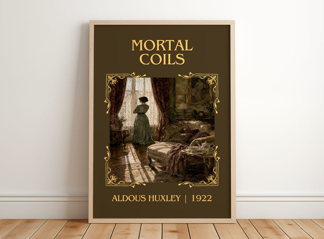 Mortal Coils Classic Book Art Print by Aldous Huxley – framed print leaning on a wooden floor