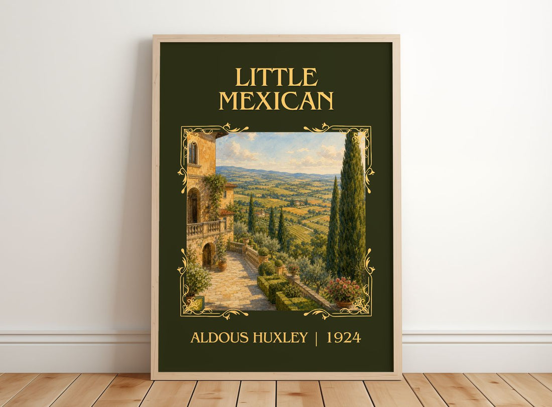 Little Mexican Classic Book Art Print by Aldous Huxley – framed print leaning on a wooden floor