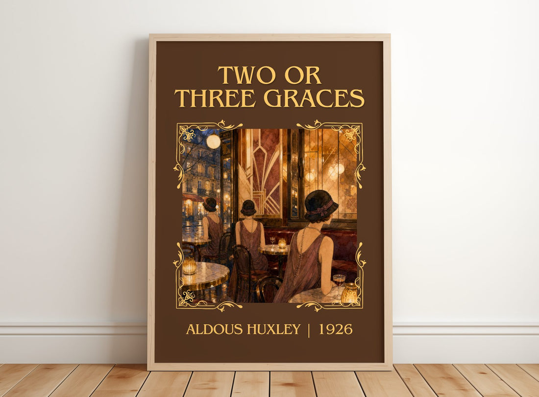 Two Or Three Graces Classic Book Art Print by Aldous Huxley – framed print leaning on a wooden floor