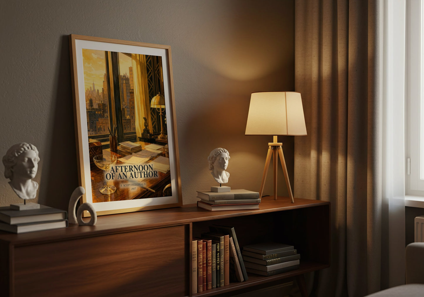 Afternoon Of An Author watercolour print on bookshelf – F. Scott Fitzgerald fan gift