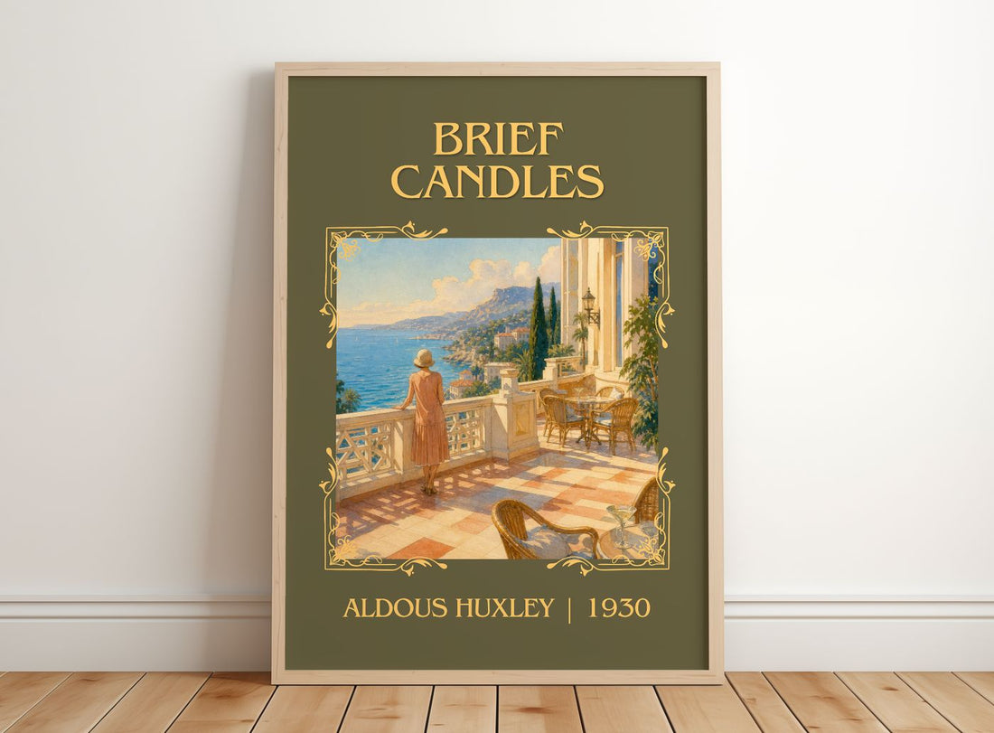 Brief Candles Classic Book Art Print by Aldous Huxley – framed print leaning on a wooden floor