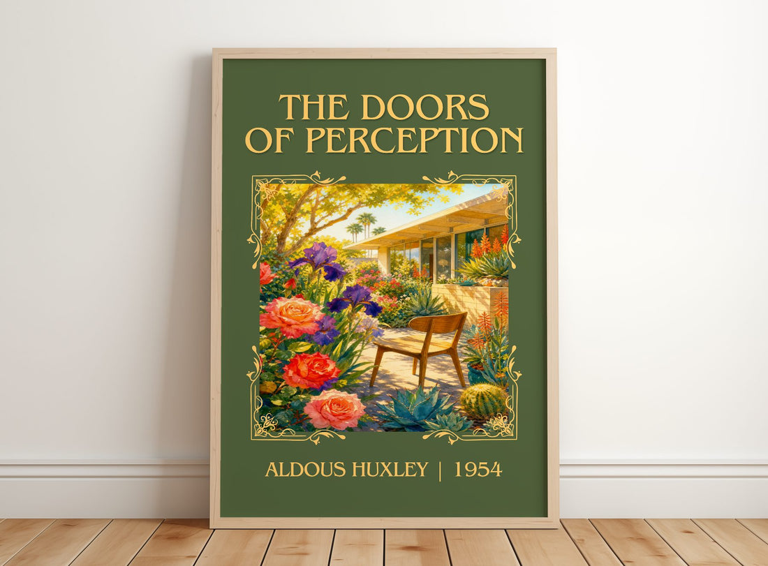 The Doors Of Perception Classic Book Art Print by Aldous Huxley – framed print leaning on a wooden floor