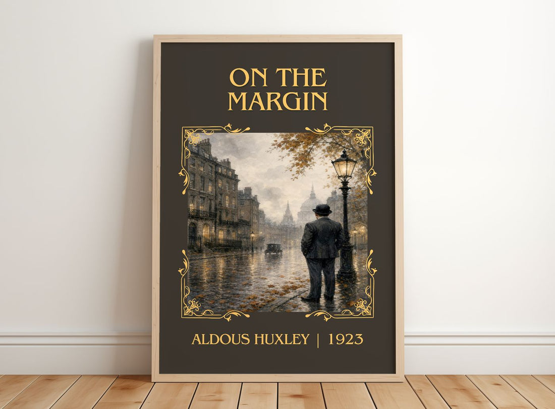 On The Margin Classic Book Art Print by Aldous Huxley – framed print leaning on a wooden floor