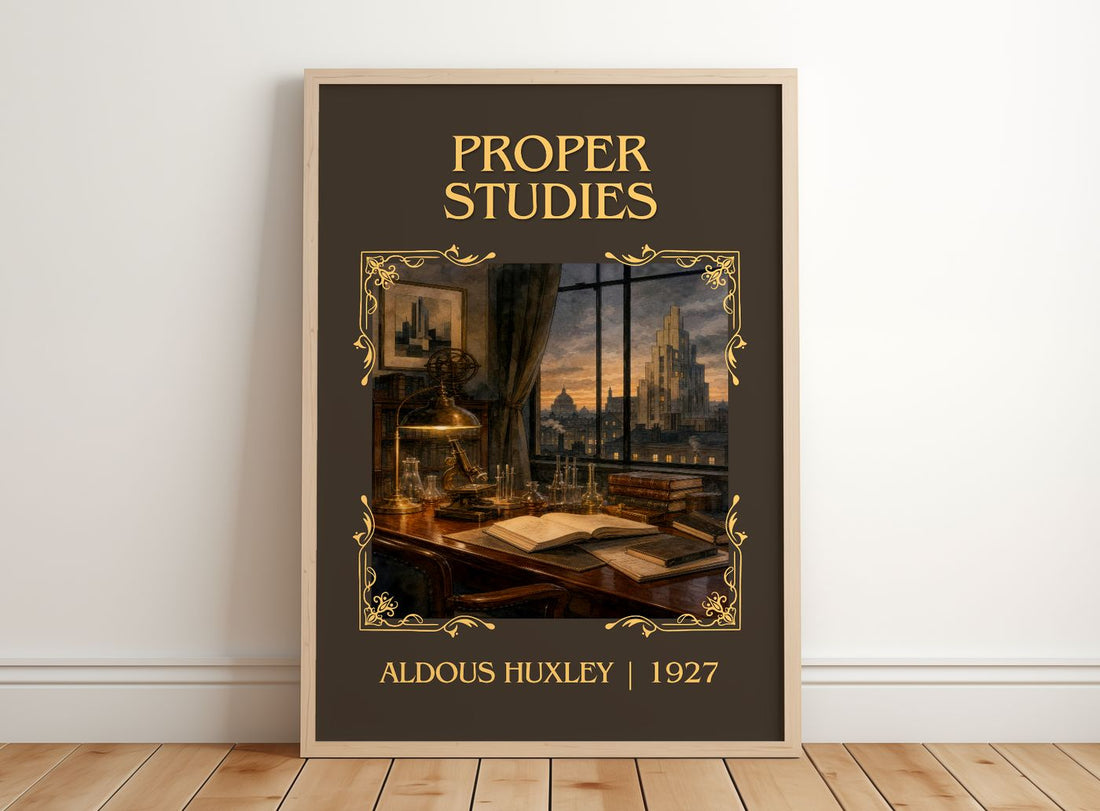 Proper Studies Classic Book Art Print by Aldous Huxley – framed print leaning on a wooden floor