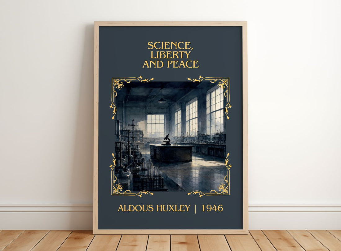 Science, Liberty And Peace Classic Book Art Print by Aldous Huxley – framed print leaning on a wooden floor