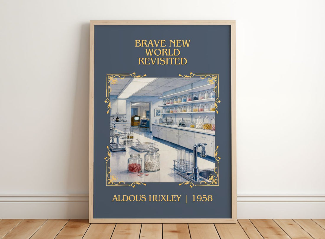 Brave New World Revisited Classic Book Art Print by Aldous Huxley – framed print leaning on a wooden floor