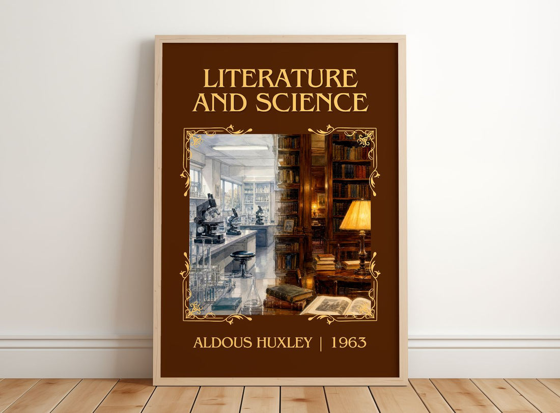 Literature And Science Classic Book Art Print by Aldous Huxley – framed print leaning on a wooden floor