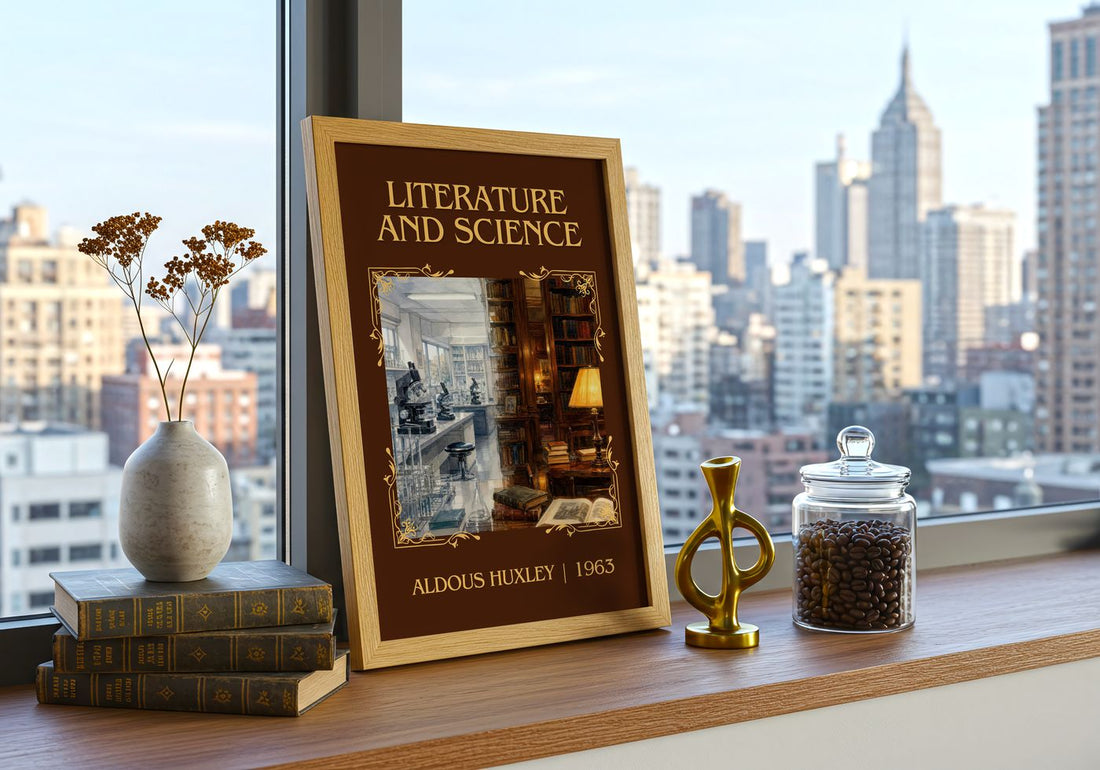 Literature And Science Classic Book Art Print by Aldous Huxley – framed print on a city-view windowsill