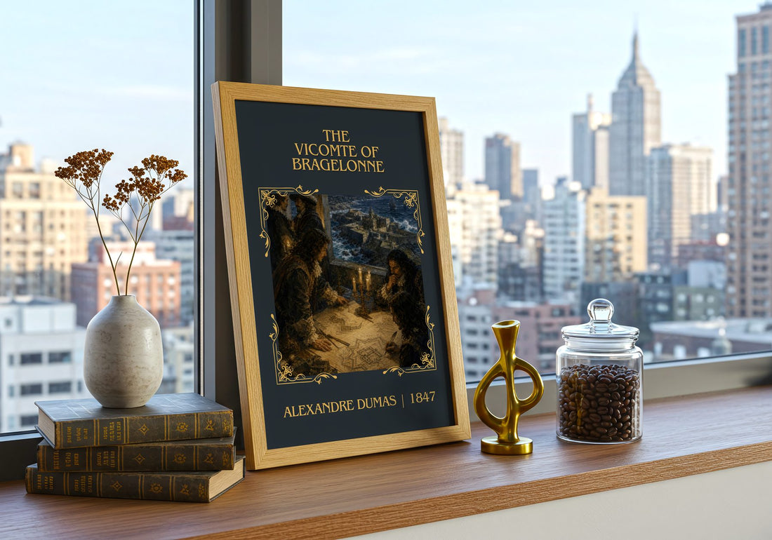 The Vicomte Of Bragelonne Classic Book Art Print by Alexandre Dumas – framed print on a city-view windowsill