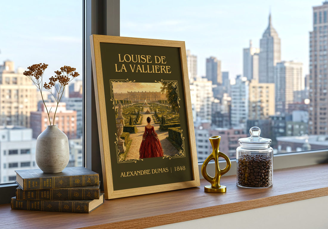 Louise De La Vallière Classic Book Art Print by Alexandre Dumas – framed print on a city-view windowsill