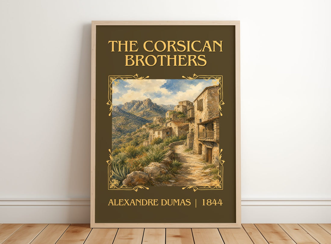 The Corsican Brothers Classic Book Art Print by Alexandre Dumas – framed print leaning on a wooden floor