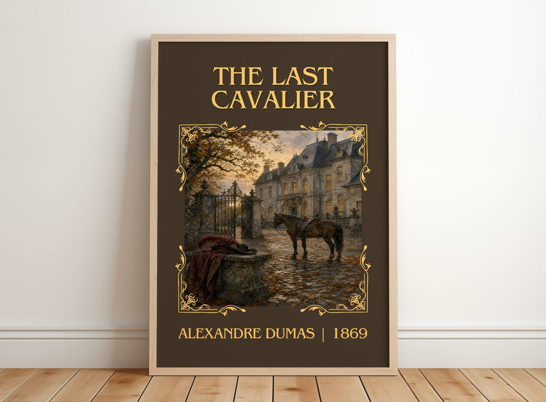 The Last Cavalier Classic Book Art Print by Alexandre Dumas – framed print leaning on a wooden floor