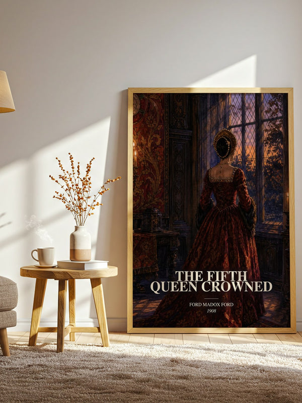 The Fifth Queen Crowned watercolour print in frame leaning in hallway – historical fiction wall art