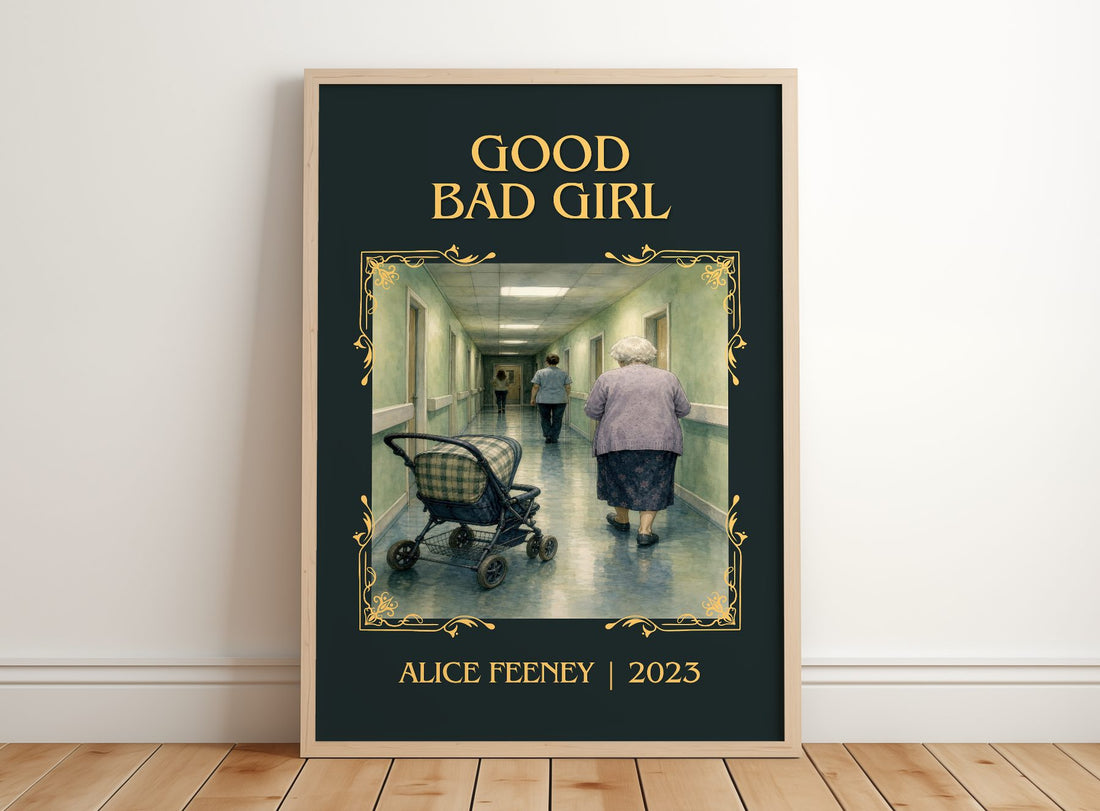 Good Bad Girl Classic Book Art Print by Alice Feeney – framed print leaning on a wooden floor