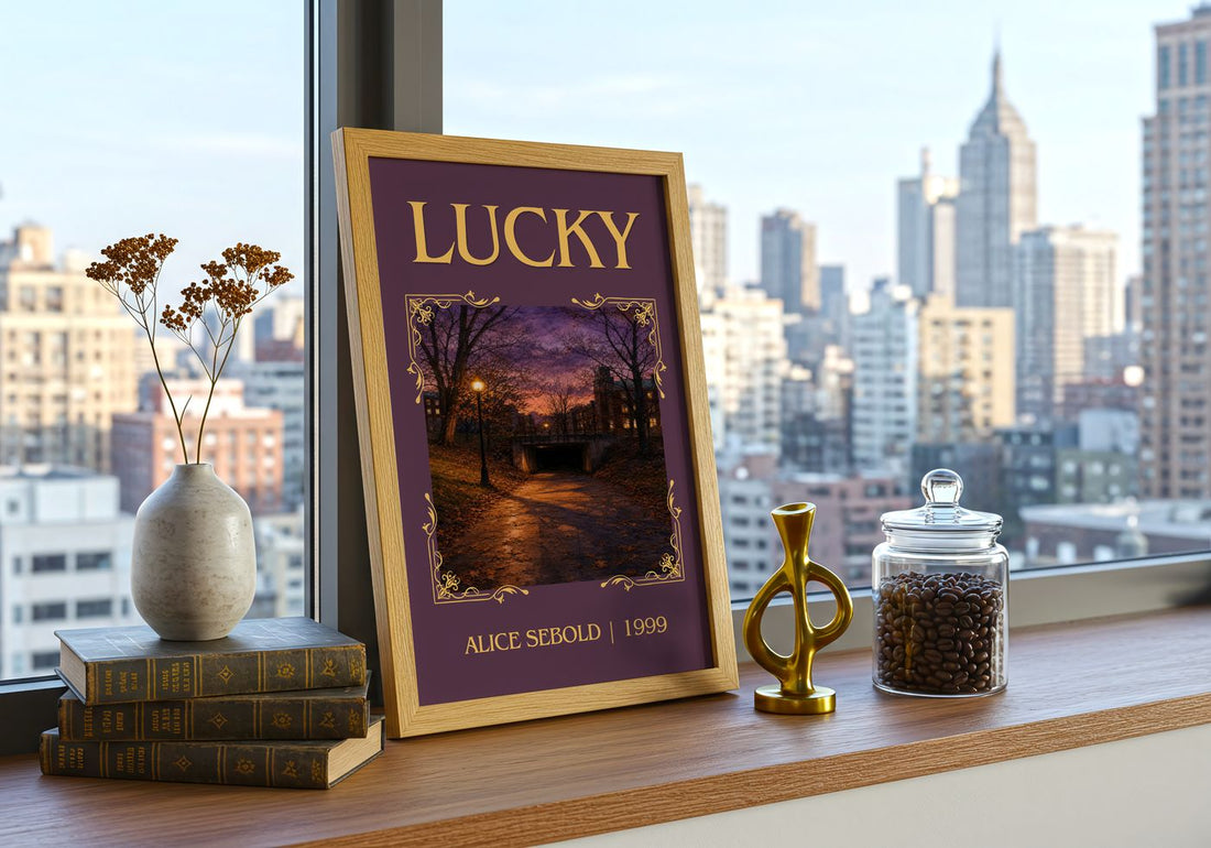 Lucky Classic Book Art Print by Alice Sebold – framed print on a city-view windowsill