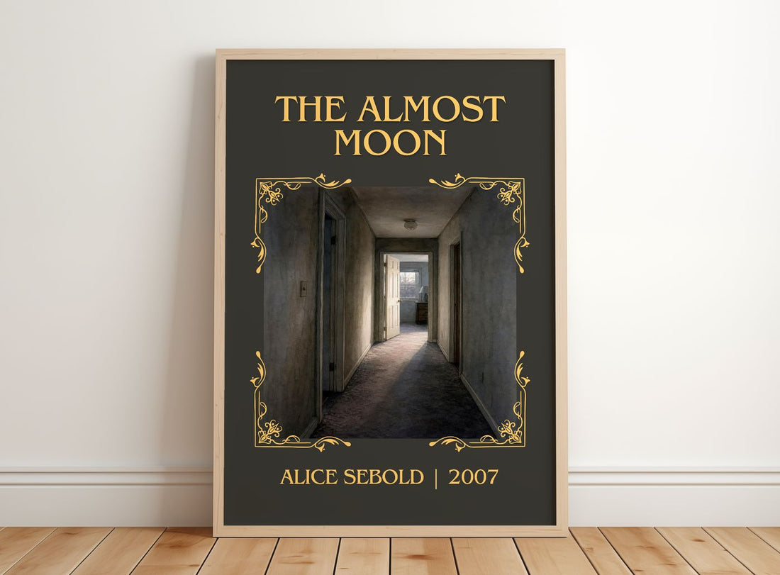 The Almost Moon Classic Book Art Print by Alice Sebold – framed print leaning on a wooden floor