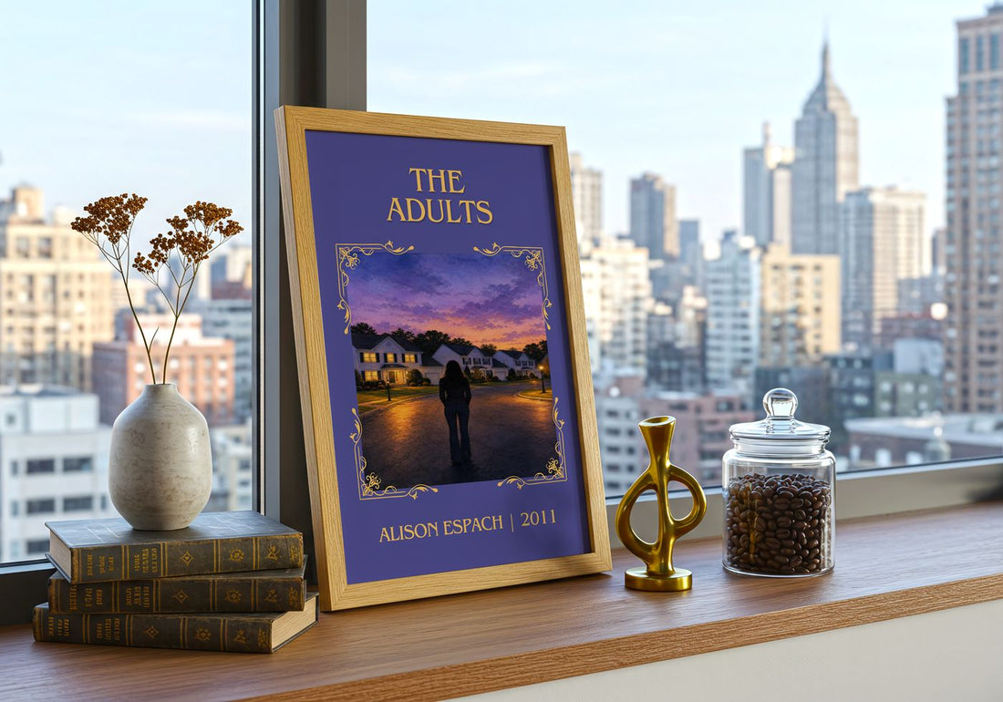 The Adults Classic Book Art Print by Alison Espach – framed print on a city-view windowsill