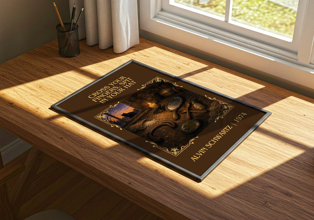 Cross Your Fingers, Spit In Your Hat Classic Book Art Print – print on a sunlit desk