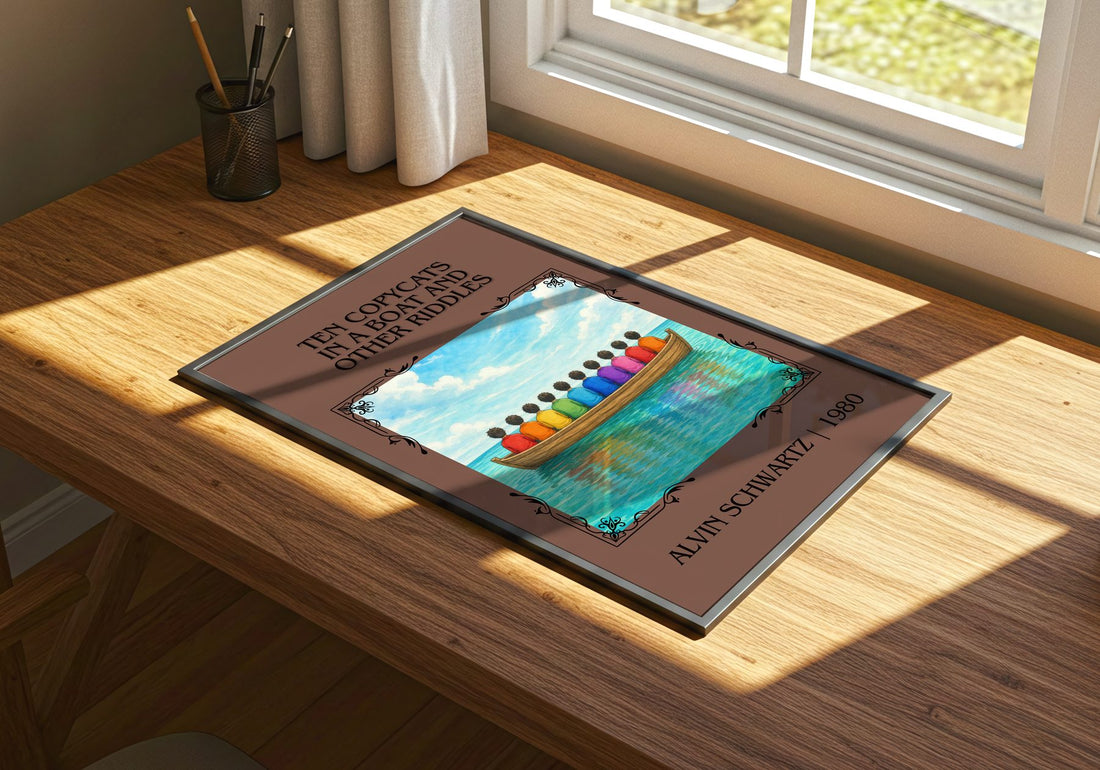 Ten Copycats In A Boat And Other Riddles Classic Book Art Print – print on a sunlit desk