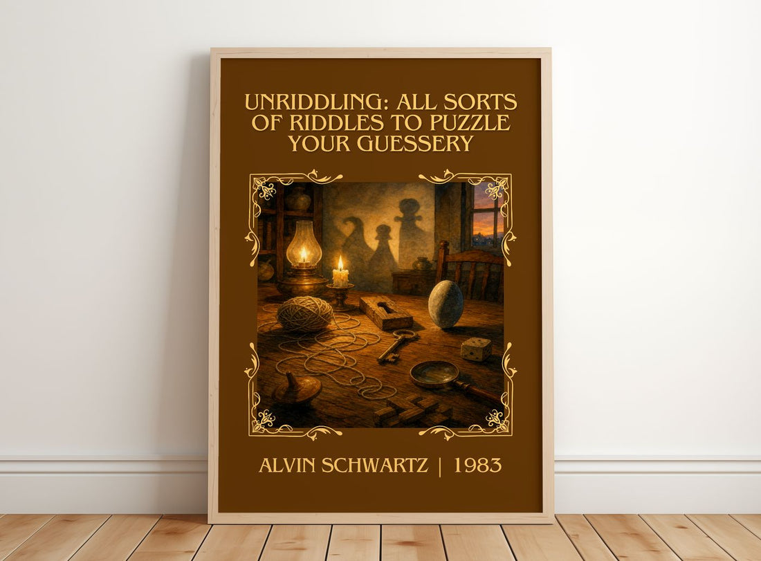 Unriddling: All Sorts Of Riddles To Puzzle Your Guessery Classic Book – framed print leaning on a wooden floor