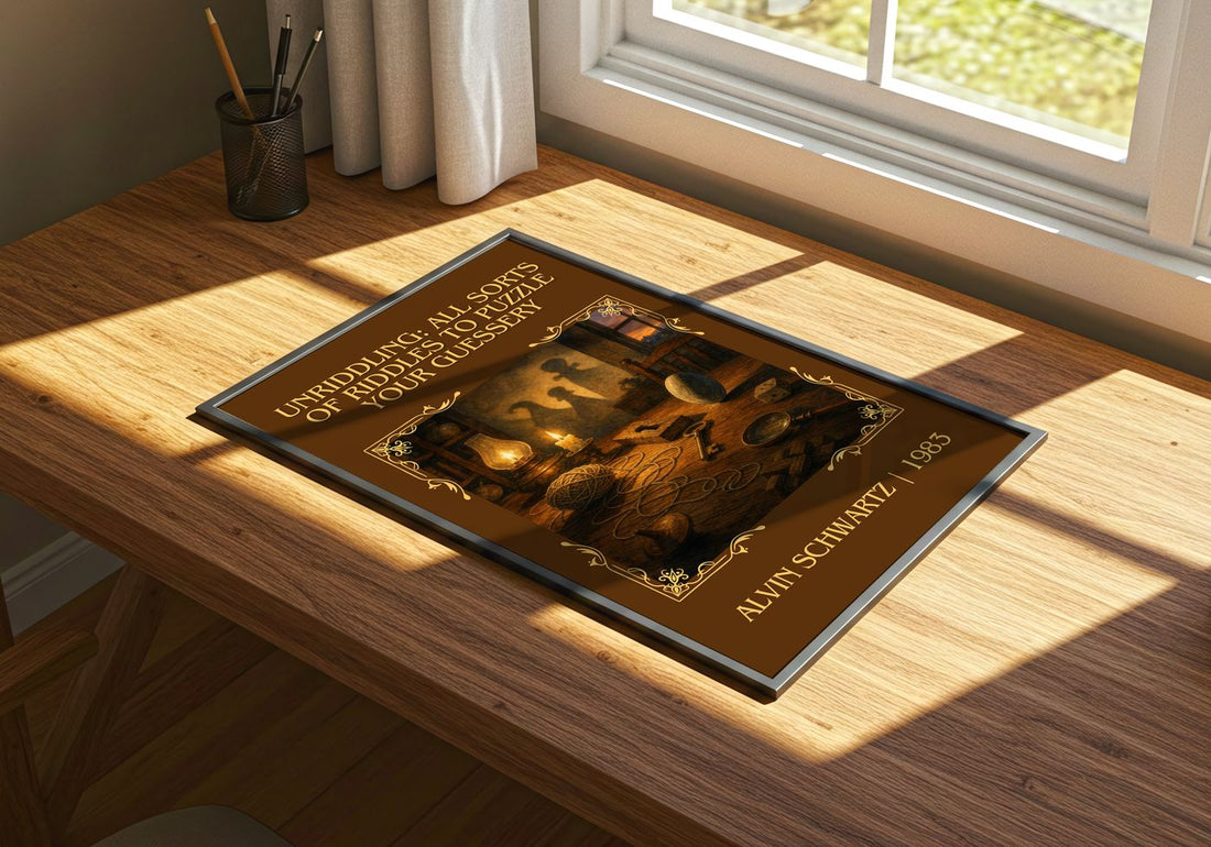 Unriddling: All Sorts Of Riddles To Puzzle Your Guessery Classic Book – print on a sunlit desk