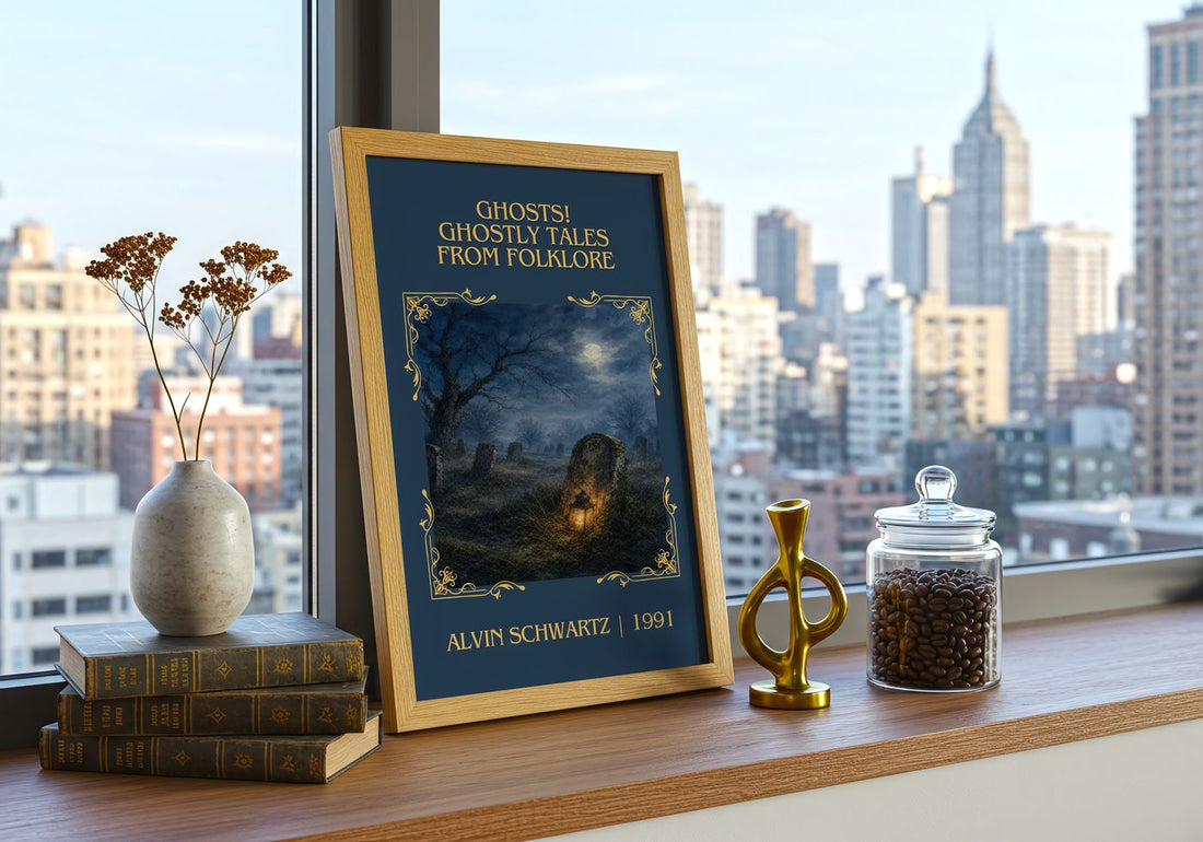 Ghosts! Ghostly Tales From Folklore Classic Book Art Print – framed print on a city-view windowsill