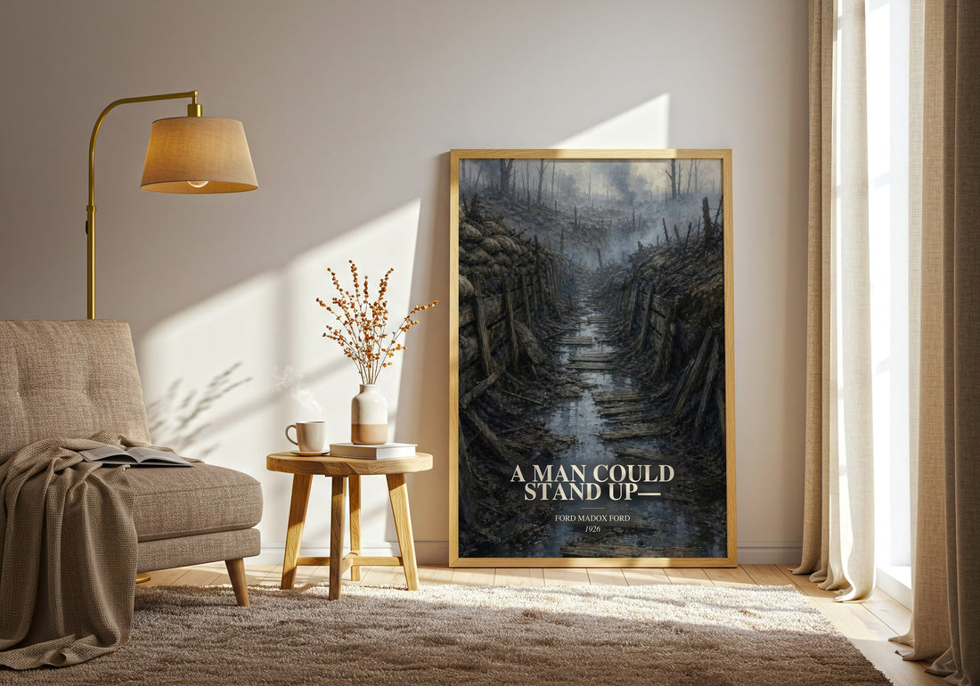 A Man Could Stand Up— watercolour print in frame leaning in hallway – literary fiction wall art (mockup)