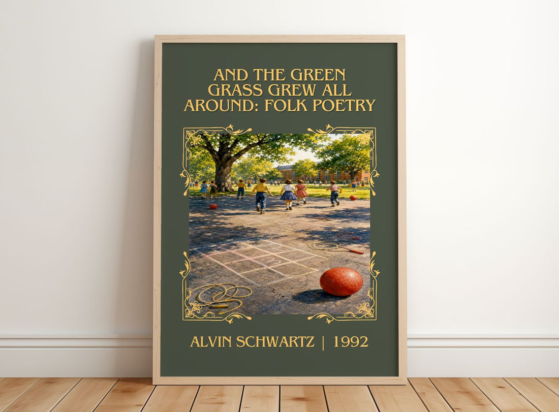 And The Green Grass Grew All Around: Folk Poetry Classic Book Art – framed print leaning on a wooden floor