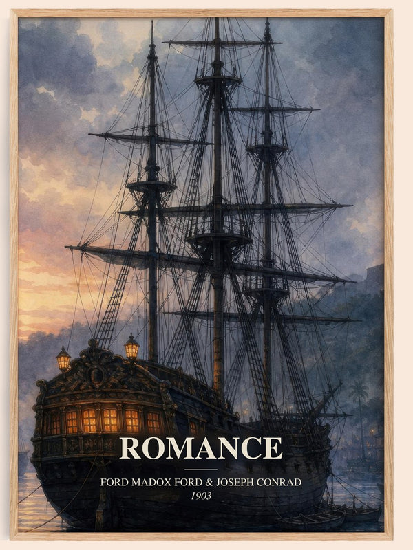 Romance watercolour book poster by Ford Madox Ford & Joseph Conrad – framed literary art print