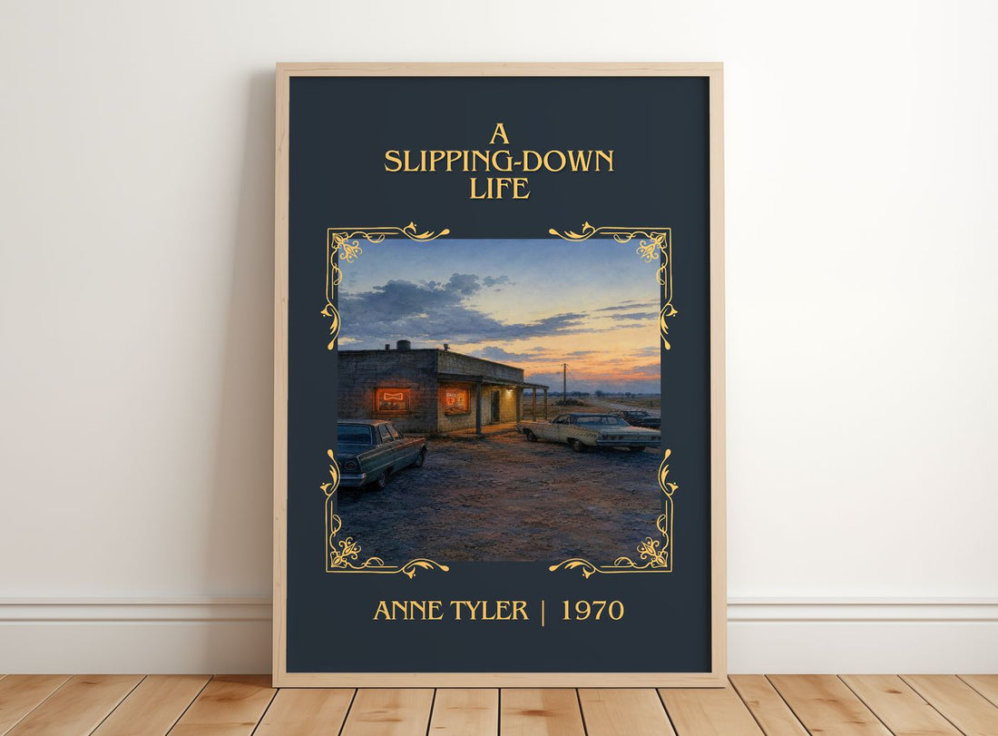 A Slipping-Down Life Classic Book Art Print by Anne Tyler – framed print leaning on a wooden floor