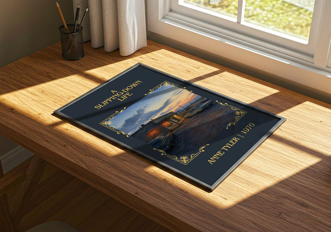 A Slipping-Down Life Classic Book Art Print by Anne Tyler – print on a sunlit desk