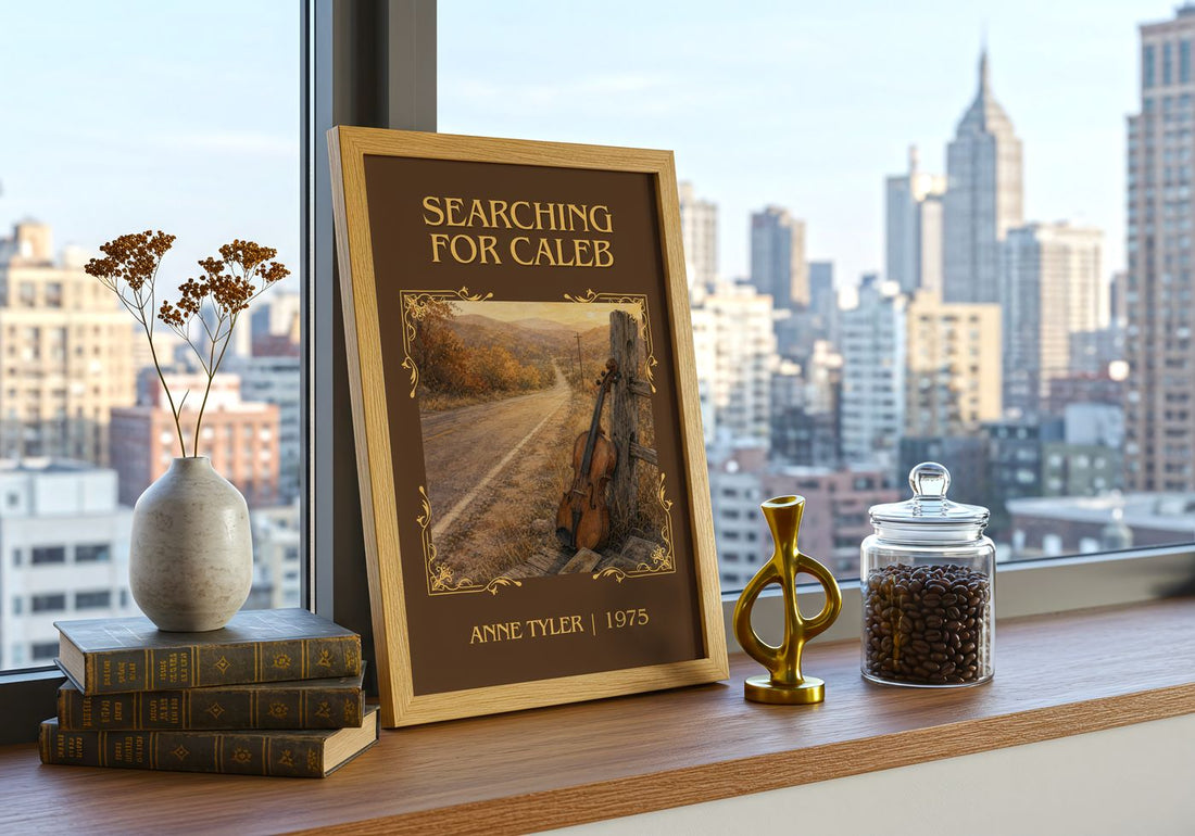Searching For Caleb Classic Book Art Print by Anne Tyler – framed print on a city-view windowsill