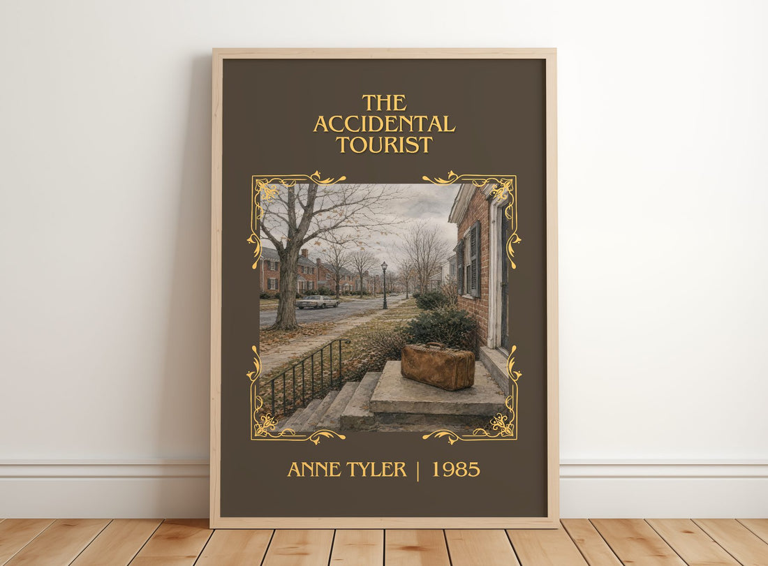 The Accidental Tourist Classic Book Art Print by Anne Tyler – framed print leaning on a wooden floor