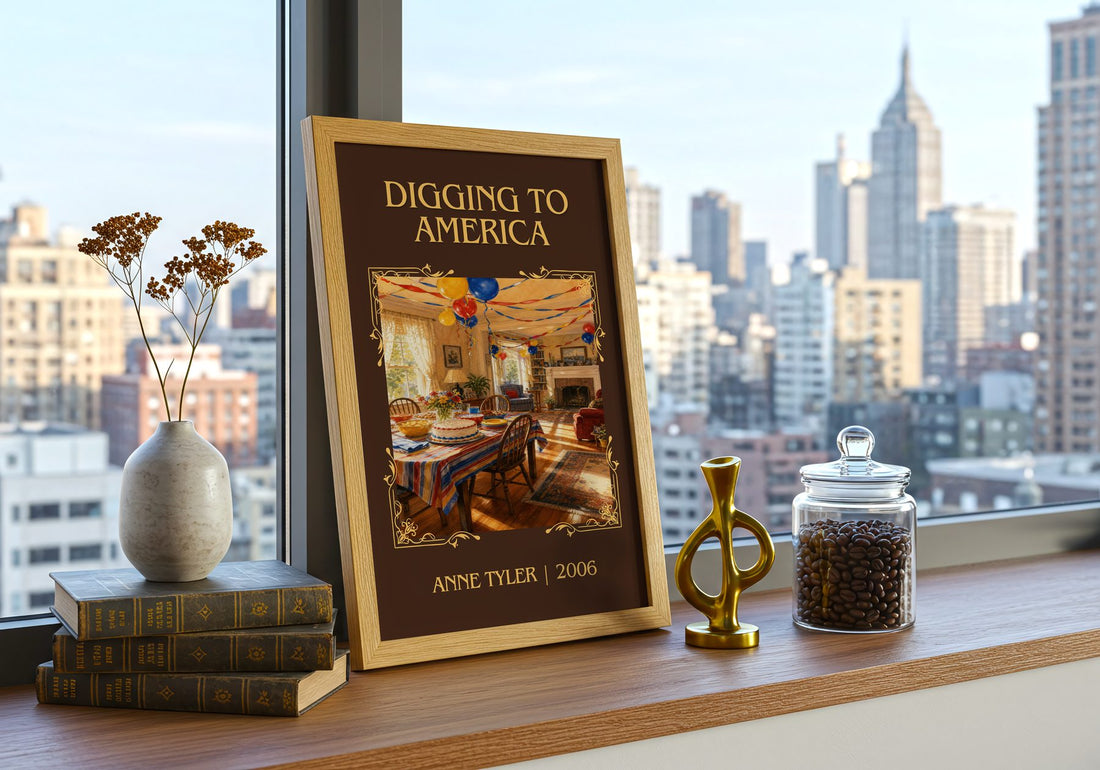 Digging To America Classic Book Art Print by Anne Tyler – framed print on a city-view windowsill