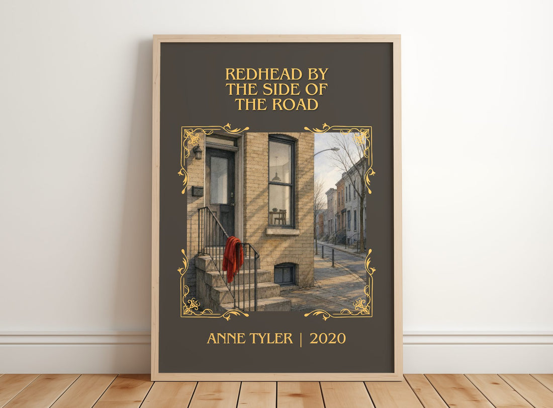 Redhead By The Side Of The Road Classic Book Art Print by Anne Tyler – framed print leaning on a wooden floor