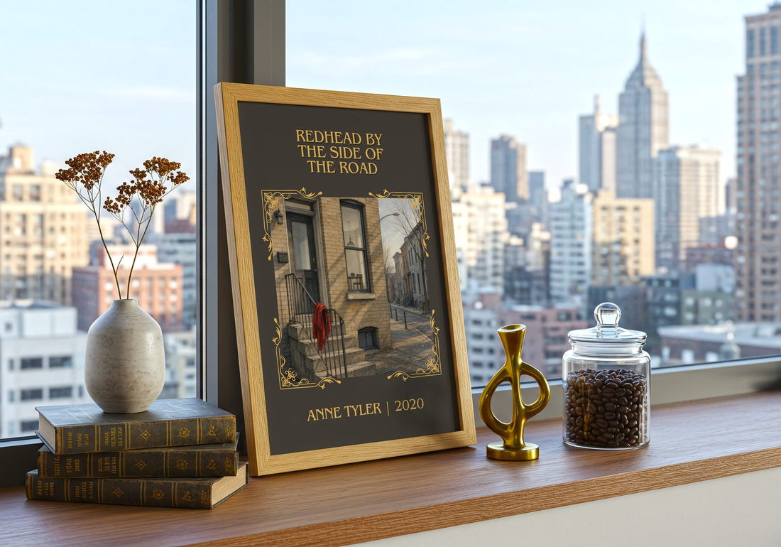 Redhead By The Side Of The Road Classic Book Art Print by Anne Tyler – framed print on a city-view windowsill