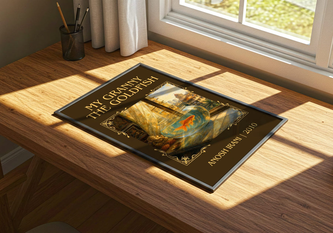 My Granny The Goldfish Classic Book Art Print by Anosh Irani – print on a sunlit desk