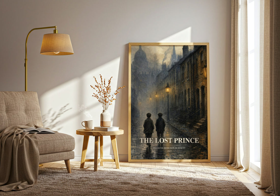 The Lost Prince watercolour print in frame leaning in hallway – adventure wall art (mockup)